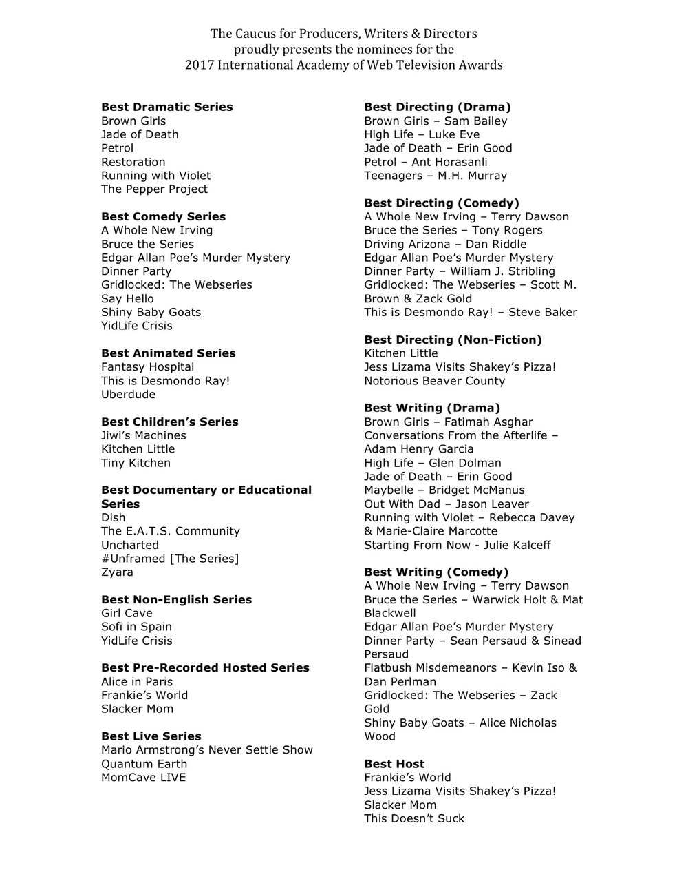 IAWTV, sierra pitkin, awards, nominees, sierra pitkin, devon ferguson, christina sicoli, doron bell, seth isaac johnson, june b. wilde, paige bateman,